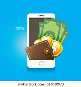 Vector Digital Mobile Wallet Vector Concept Icon. Smartphone Screen With Wallet And Credit Cards On Screen. Internet Banking Concept. Wireless Money Transfer.