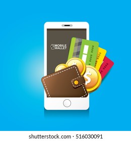 vector digital mobile wallet vector concept icon. smartphone screen with wallet and credit cards on screen. Internet banking concept. wireless money transfer.