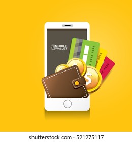 Vector Digital Mobile Wallet Vector Concept Icon. Smartphone Screen With Wallet And Credit Cards On Screen. Internet Banking Concept. Wireless Money Transfer.