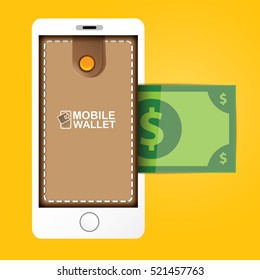 Vector Digital Mobile Wallet Vector Concept Icon. Smartphone Screen With Wallet And Credit Cards On Screen. Internet Banking Concept. Wireless Money Transfer.