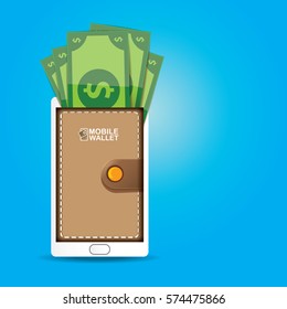 vector digital mobile wallet vector concept icon. smartphone screen with wallet and dollar on screen. Internet banking concept. wireless money transfer.