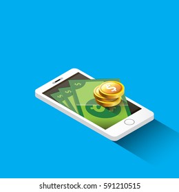 vector digital mobile wallet vector concept icon. smartphone screen with money on screen. vector Internet banking concept. wireless money transfer.
