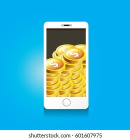 vector digital mobile wallet vector concept icon. smartphone screen with golden coins on screen. Internet banking concept. wireless money transfer.