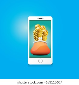 vector digital mobile wallet vector concept icon. smartphone screen with wallet and golden coins on screen. Internet banking concept. wireless money transfer.