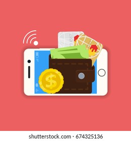 vector digital mobile wallet vector concept icon. smartphone screen with wallet and credit cards on screen. Internet banking concept. wireless money transfer.