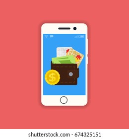 vector digital mobile wallet vector concept icon. smartphone screen with wallet and credit cards on screen. Internet banking concept. wireless money transfer.