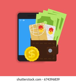 vector digital mobile wallet vector concept icon. smartphone screen with wallet and credit cards on screen. Internet banking concept. wireless money transfer.