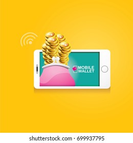 vector digital mobile wallet vector concept icon. smartphone screen with wallet and credit cards on screen. Internet banking concept. wireless money transfer.