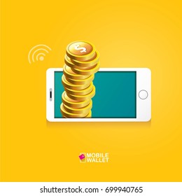 vector digital mobile wallet vector concept icon. smartphone screen with wallet and credit cards on screen. Internet banking concept. wireless money transfer.