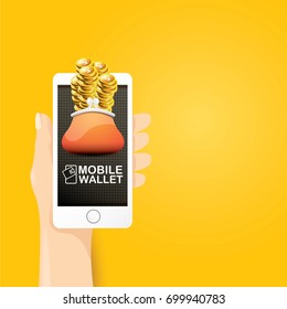 vector digital mobile wallet vector concept icon. smartphone screen with wallet and credit cards on screen. Internet banking concept. wireless money transfer.