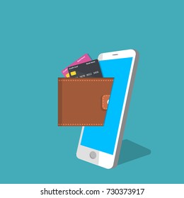vector digital mobile wallet vector concept .Smart phone screen with wallet and credit cards. Internet banking or wireless money transfer concept