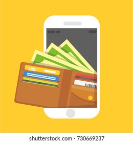 vector digital mobile wallet vector concept icon. smartphone screen with wallet and credit cards on screen. Internet banking concept. wireless money transfer.