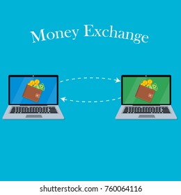 vector digital mobile wallet vector concept. Laptop screen with wallet coins and banknotes. Internet banking or wireless money transfer concept. Money exchange