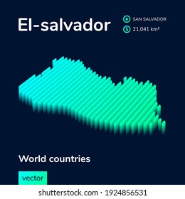 Vector digital neon isometric striped contour El-salvador map with information about country. Geographical poster, banner of El-salvador