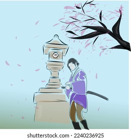 Vector digital painting of a samurai standing under a fallen cherry tree.