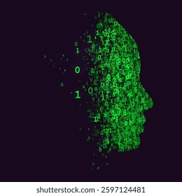 Vector digital profile of a human face formed by glowing green binary numbers. Futuristic concept of artificial intelligence, big data, and cyber identity.
