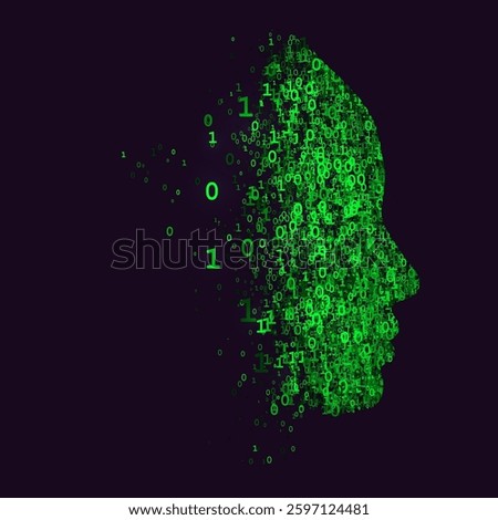Vector digital profile of a human face formed by glowing green binary numbers. Futuristic concept of artificial intelligence, big data, and cyber identity.