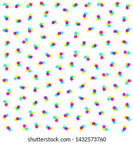 Vector digital rgb dots colored pattern/ transparent rgb cmyk geometrical round elements/ seamless print background for design, fabric, textile, advertising banner, web.