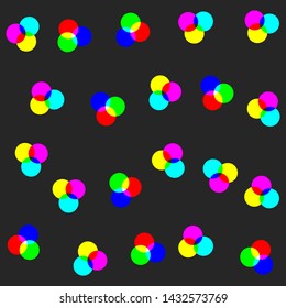 Vector digital rgb dots colored pattern/ transparent rgb cmyk geometrical round elements/ seamless print background for design, fabric, textile, advertising banner, web.