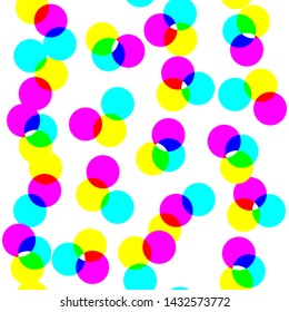 Vector digital rgb dots colored pattern/ transparent rgb cmyk geometrical round elements/ seamless print background for design, fabric, textile, advertising banner, web.