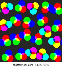 Vector digital rgb dots colored pattern/ transparent rgb cmyk geometrical round elements/ seamless print background for design, fabric, textile, advertising banner, web.