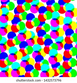 Vector digital rgb dots colored pattern/ transparent rgb cmyk geometrical round elements/ seamless print background for design, fabric, textile, advertising banner, web.