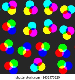 Vector digital rgb dots colored pattern/ transparent rgb cmyk geometrical round elements/ seamless print background for design, fabric, textile, advertising banner, web.