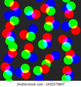 Vector digital rgb dots colored pattern/ transparent rgb cmyk geometrical round elements/ seamless print background for design, fabric, textile, advertising banner, web.