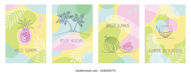 vector digital set of some bright summer posters with one line illustrations. Different artistic techniques.