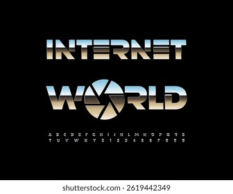 Vector Digital sign Internet World with Metallic Element. Unique Silver Font. Futuristic Chrome set of Alphabet Letters and Numbers.