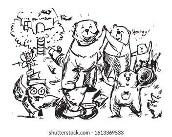 vector digital sketchy illustration of some forest inhabitants. Monochrome image.