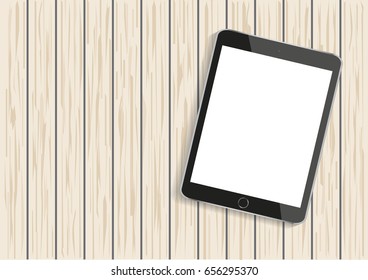 Vector digital tablet with the empty screen on a vintage wooden background.