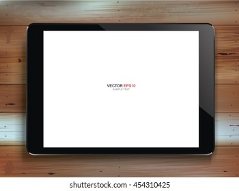 Vector digital tablet in ipad style with empty screen on vintage wooden background.