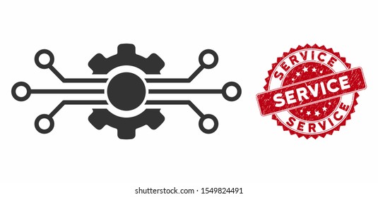 Vector digital tech icon and corroded round stamp seal with Service caption. Flat digital tech icon is isolated on a white background. Service stamp seal uses red color and grunge surface.