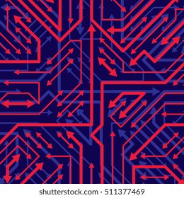 Vector digital technology background with sparkling circuit board elements and arrows, neon computer scheme texture. Device component, microprocessor abstract shine illustration.