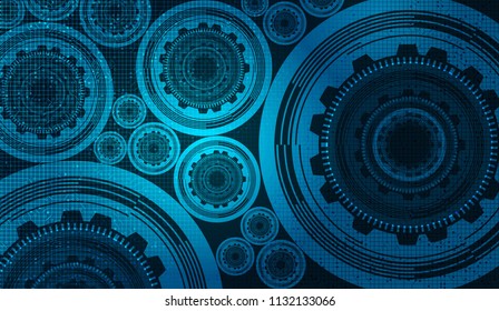 Vector Digital Technology Gears Wheel And Cock With Circuit Line Background.