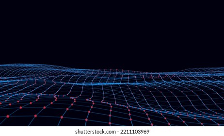 Vector digital technology wave. Dark cyberspace with colorful motion dots and lines. Futuristic digital background. Big data analytics.