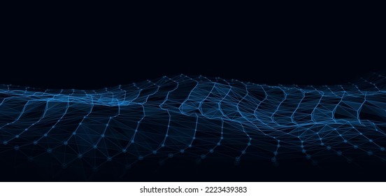 Vector digital technology wave. Dark cyberspace with blue motion dots and lines. Futuristic digital background. Big data analytics.