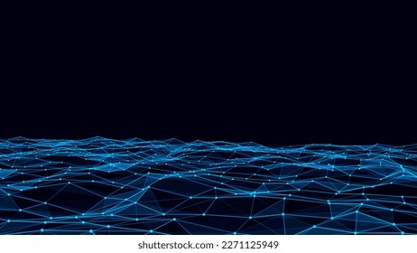 Vector digital technology wave. Dark cyberspace with blue motion dots and lines. Futuristic digital background. Big data analytics.