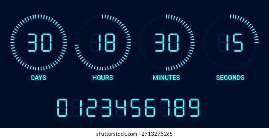 Temporizador digital de Vector con pantalla led azul y conjunto completo de números digitales brillantes aislados sobre fondo oscuro. Maqueta realista o Plantilla