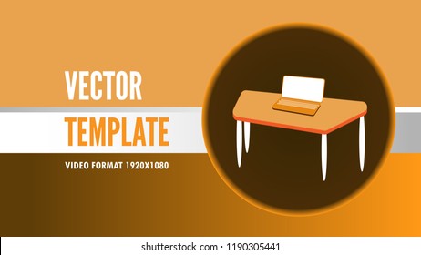 Vector digital video format background for text input, yellow and brown template with laptop on the table which is placed in the circle