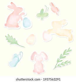 Vector - Digital watercolor painting about Easter. Element of rabbit, egg, green leaves, butterfly. Can be use for decorate for any card, poster, print, sticker, scrapbook. Cute image.