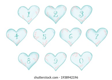 Vector - Digital watercolor painting of number in blue heart shape with pink leaves. Vintage style. Lovely design. Clip art. Can be use for print, sticker, icon, label.