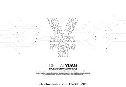 Vector digital yuan currency money icon from circuit board style dot connect line. Concept for china digital currency economy and financial network connection.