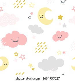 Vector digitally hand drawn nursery seamless pattern with moon, cloud, stars and abstract elements.