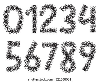 Vector digits made from tank and tractor tracks, isolated on white