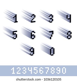 Vector digits, numerals created in 8 bit style. Pixel art numbers set, 3d mathematics design elements.