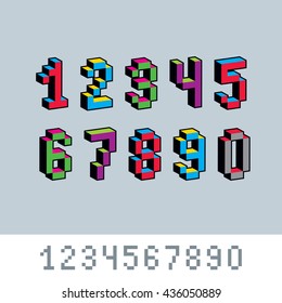 Vector digits, numerals created in 8 bit style. Pixel art numbers set, 3d mathematics design elements.