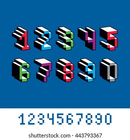 Vector digits, numerals created in 8 bit style. Pixel art numbers set, 3d mathematics design elements.