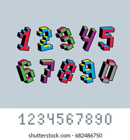 Vector digits, numerals created in 8 bit style. Pixel art numbers set, 3d mathematics design elements.